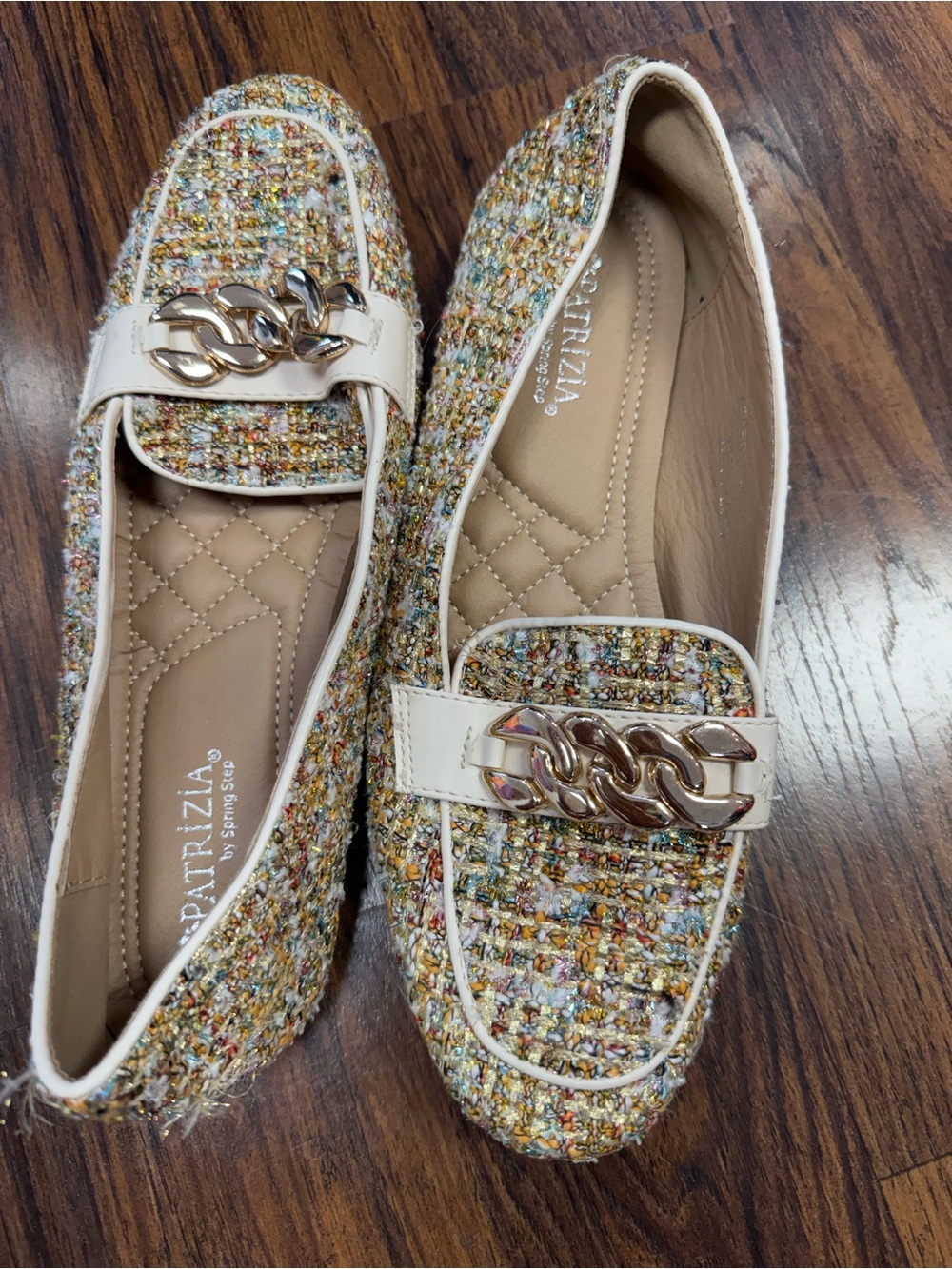 Patrizia Multicolor Tweed Loafers with Cream Trim and Gold Chain